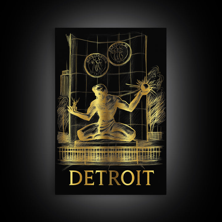Detroit Travel Poster, Canvas Print, Gold Sketch Wall Art, Detroit Travel Art, Mid Century Wall Art, City Travel Prints, Home Office Decor