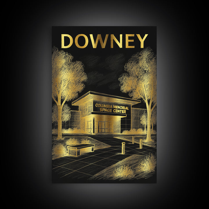 Downey California Travel Poster, Canvas Print, Gold Sketch Wall Art, Downey Wall Art, Travel Art, Vintage City Poster, Retro Travel Print