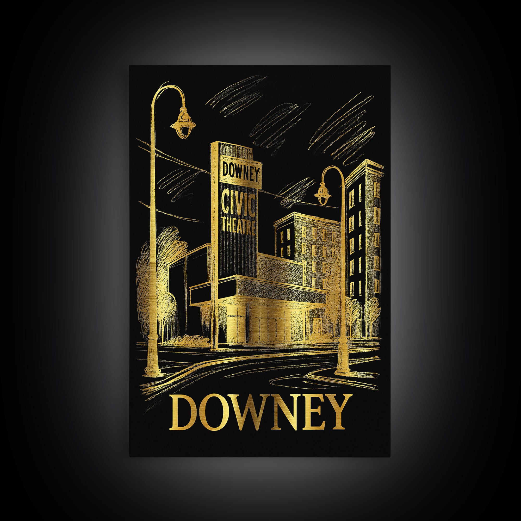 Downey Travel Poster, Framed Canvas Print, Dark Background Poster Art, Downey Poster Print, Home Office Decor, City Art Print, Design 2
