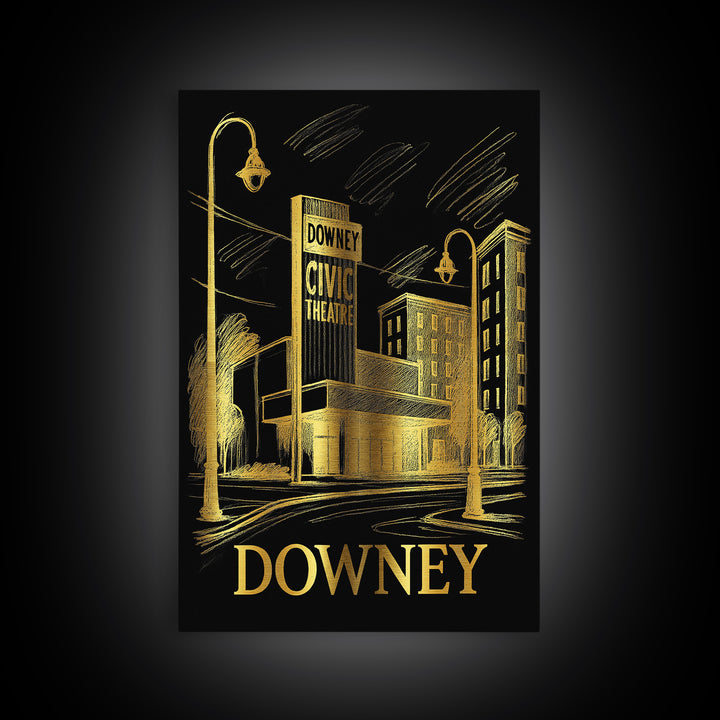 Downey Travel Poster, Framed Canvas Print, Dark Background Poster Art, Downey Poster Print, Home Office Decor, City Art Print, Design 2