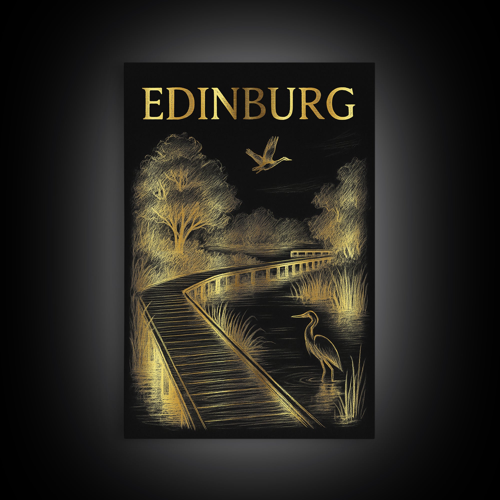 Edinburg Texas Travel Poster, Framed Canvas Print, Dark Background Poster Art, Edinburg Travel Art, Retro Travel Print, Travel Poster Art