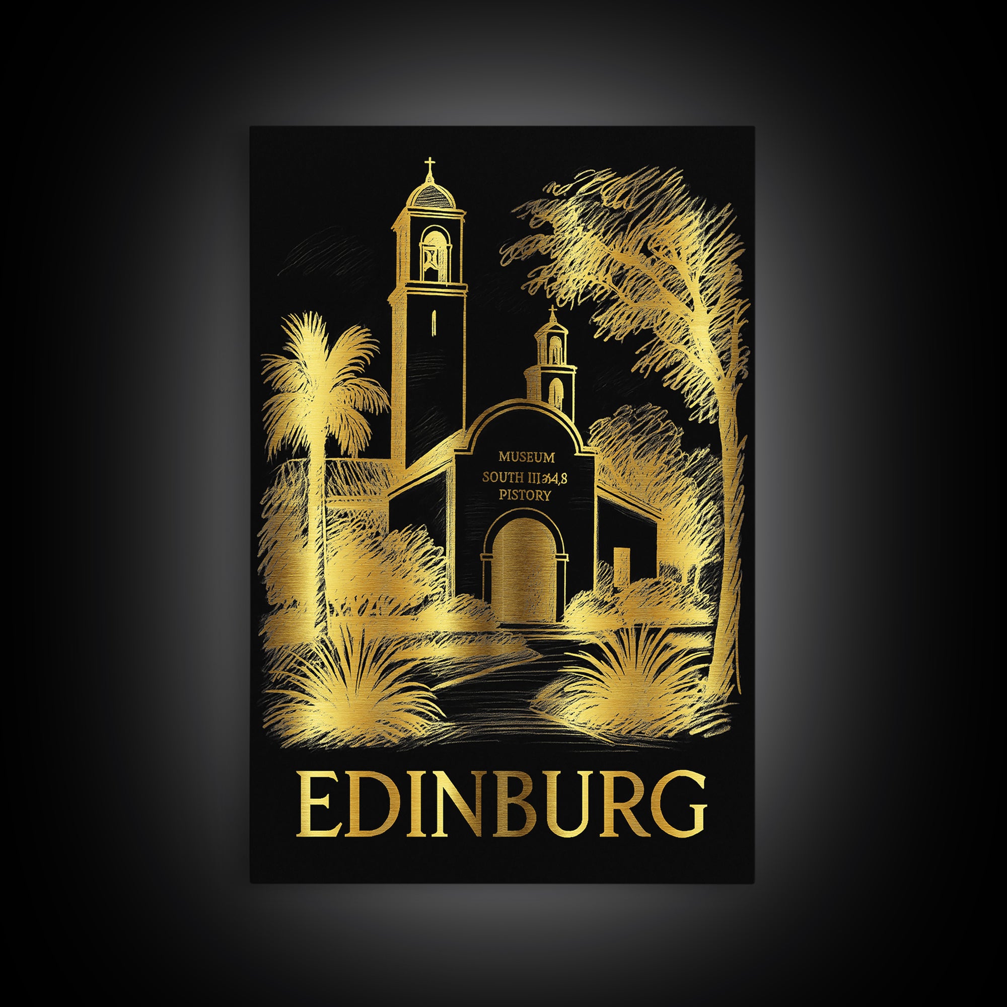 Edinburg Travel Poster, Framed Canvas Print, Black And Gold Line Art, Edinburg City Art, Retro Travel Print, Travel Art Print, Design 2