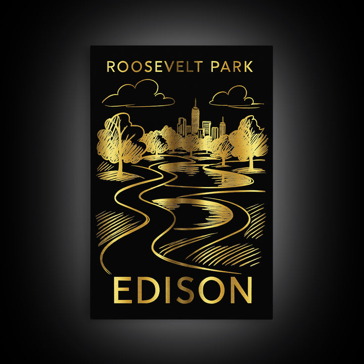 Edison Travel Poster, Framed Canvas Print, Gold Sketch Wall Art, Edison City Art, City Travel Prints, City Art Print, Modern Wall Decor