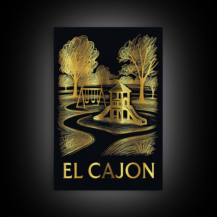 El Cajon Travel Poster, Canvas Print, Black And Gold Line Art, El Cajon City Art, Vintage City Poster, Travel Wall Art, Vintage Travel Art