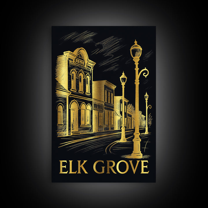 El K Grove Travel Poster, Canvas Print, Black And Gold Line Art, El K Grove Art Print, Wanderlust Decor, City Travel Prints, Home Decor
