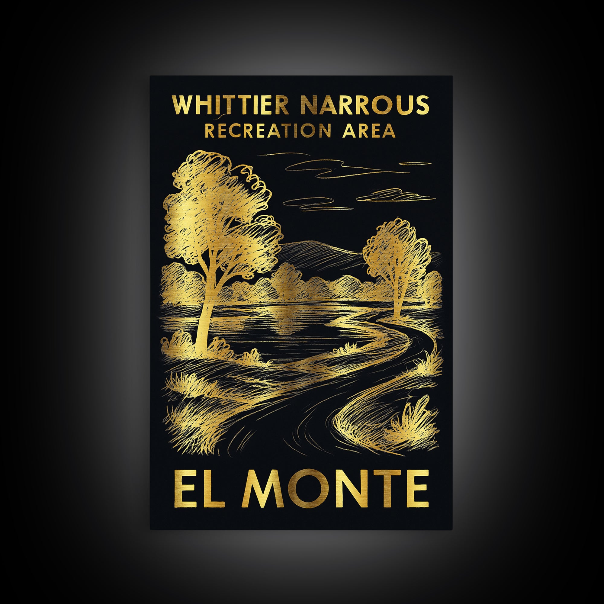 El Monte Travel Poster, Framed Canvas Print, Elegant Gold City Art, El Monte Art Print, City Illustration, Watercolor City Skyline