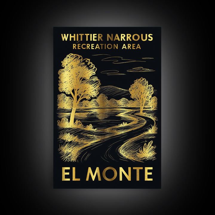 El Monte Travel Poster, Framed Canvas Print, Elegant Gold City Art, El Monte Art Print, City Illustration, Watercolor City Skyline