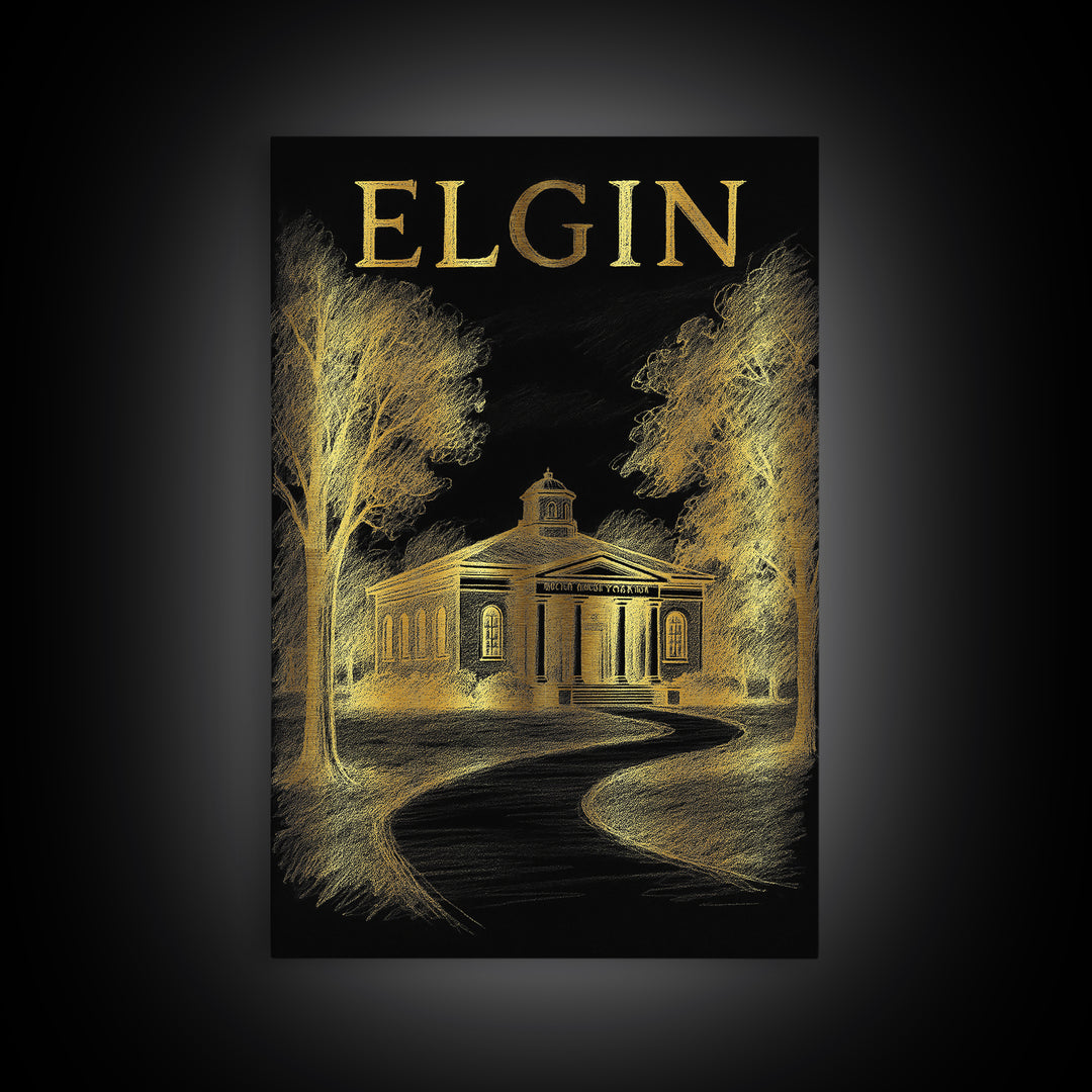Elgin Illinois Travel Poster, Canvas Print, Gold Sketch Wall Art, Elgin City Art, Wall Art, Travel Poster Art, Retro Travel Print