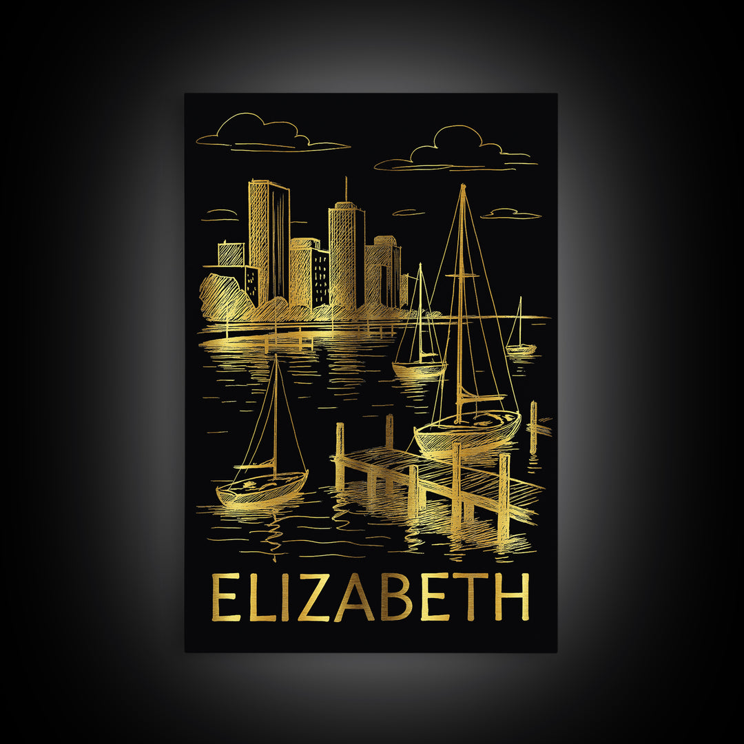 Elizabeth Travel Poster, Framed Canvas Print, Gold Sketch Wall Art, Elizabeth Art Print, Travel Art Print, Wanderlust Decor, Poster Print