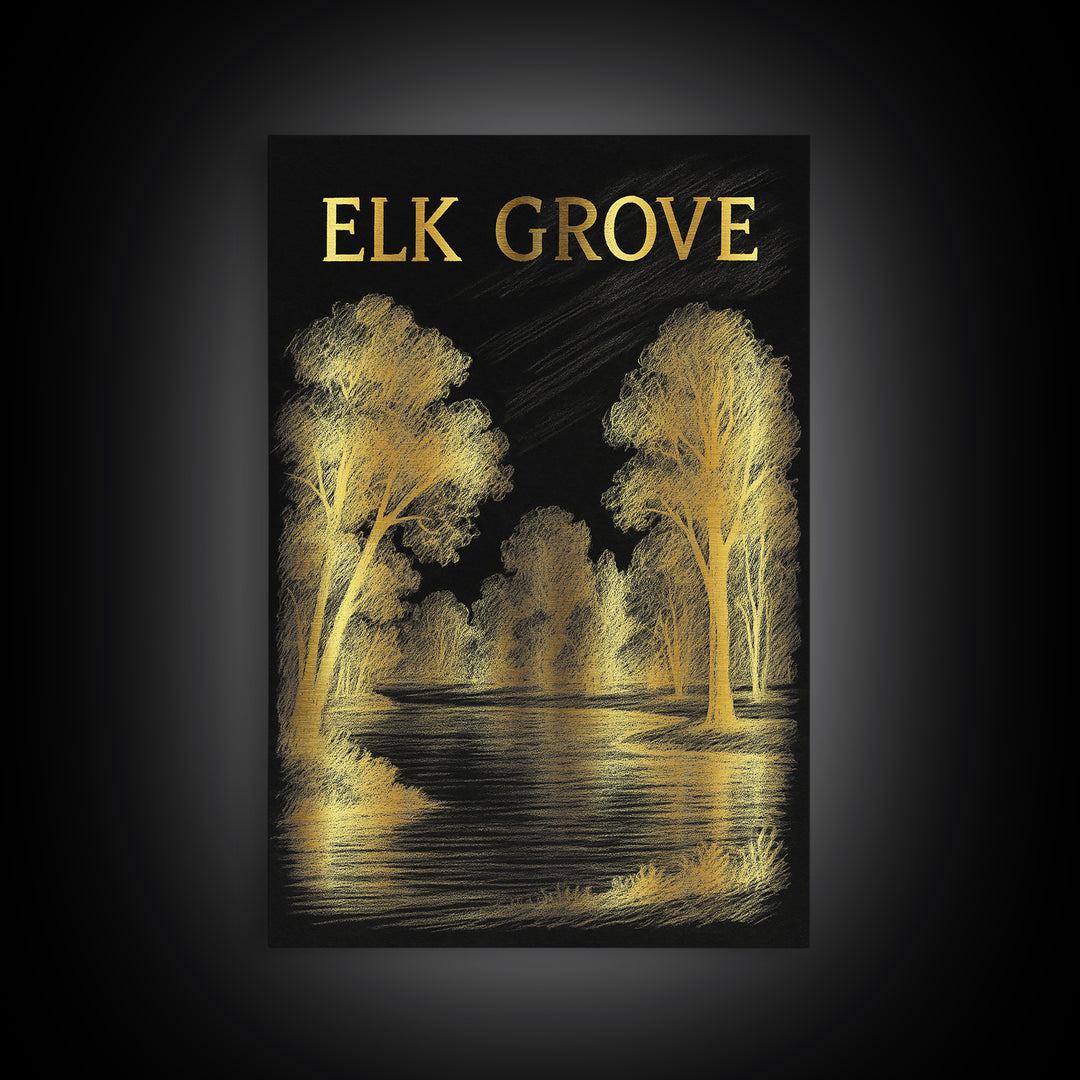 Elk Grove Travel Poster, Canvas Print, Dark Background Poster Art, Elk Grove City Art, Vintage City Art, Retro Travel Print, Retro Poster