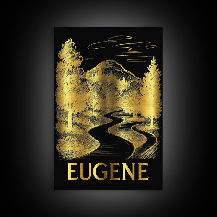 Eugene Travel Poster, Canvas Print, Black And Gold Line Art, Eugene Wall Art, Gift For Travelers, Living Room Wall Art, Wanderlust Decor