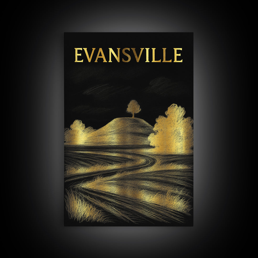 Evansville Indiana Travel Poster, Canvas Print, Elegant Gold City Art, Evansville Wall Art, City Art Print, Travel Wall Decor, Home Decor