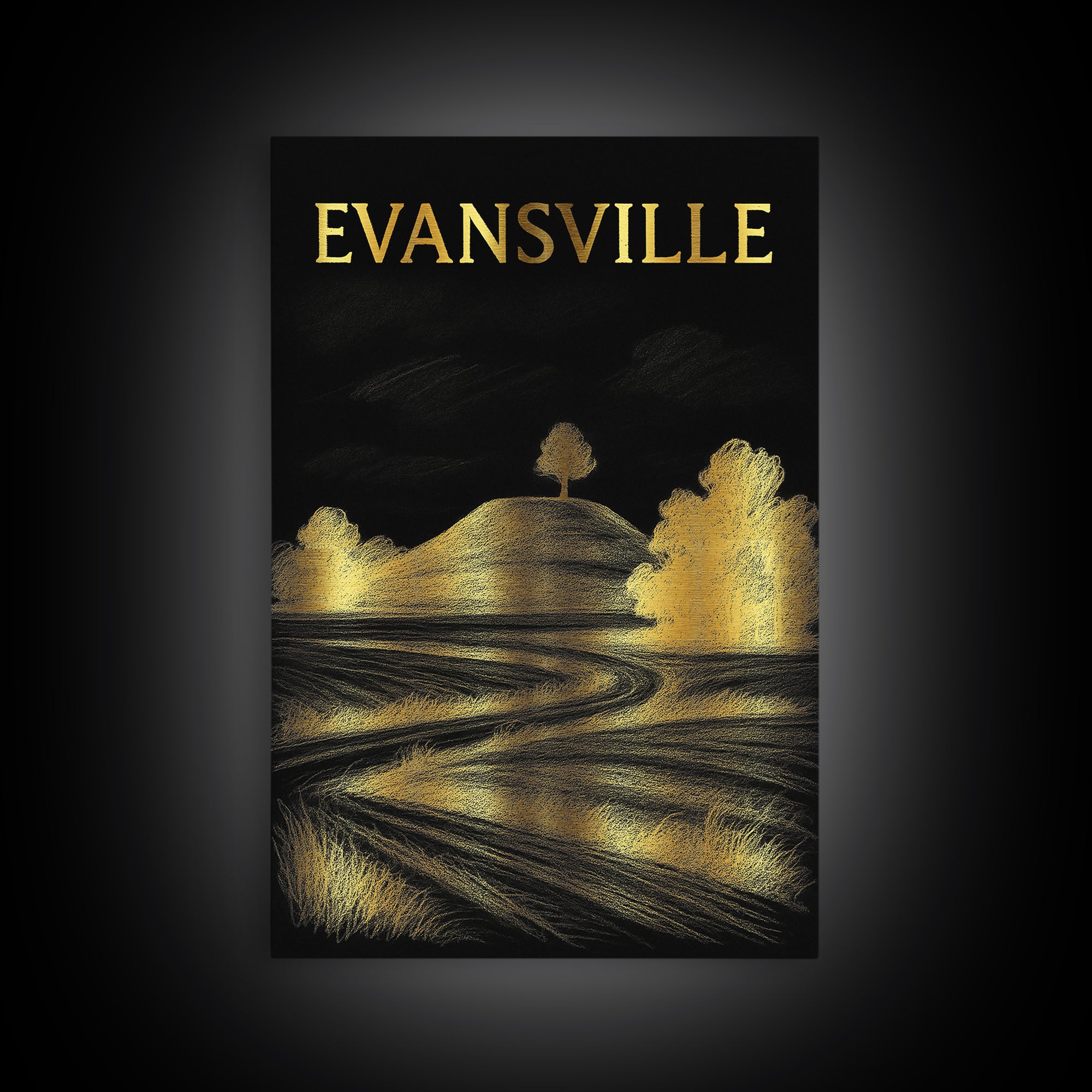 Evansville Indiana Travel Poster, Canvas Print, Elegant Gold City Art, Evansville Wall Art, City Art Print, Travel Wall Decor, Home Decor
