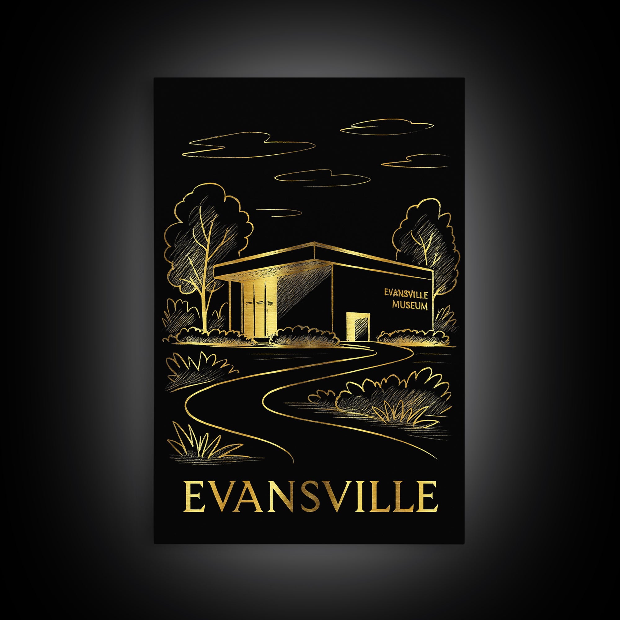 Evansville Travel Poster, Framed Canvas Print, Black And Gold Line Art, Evansville City Art, Home Office Decor, Mid Century Wall Art