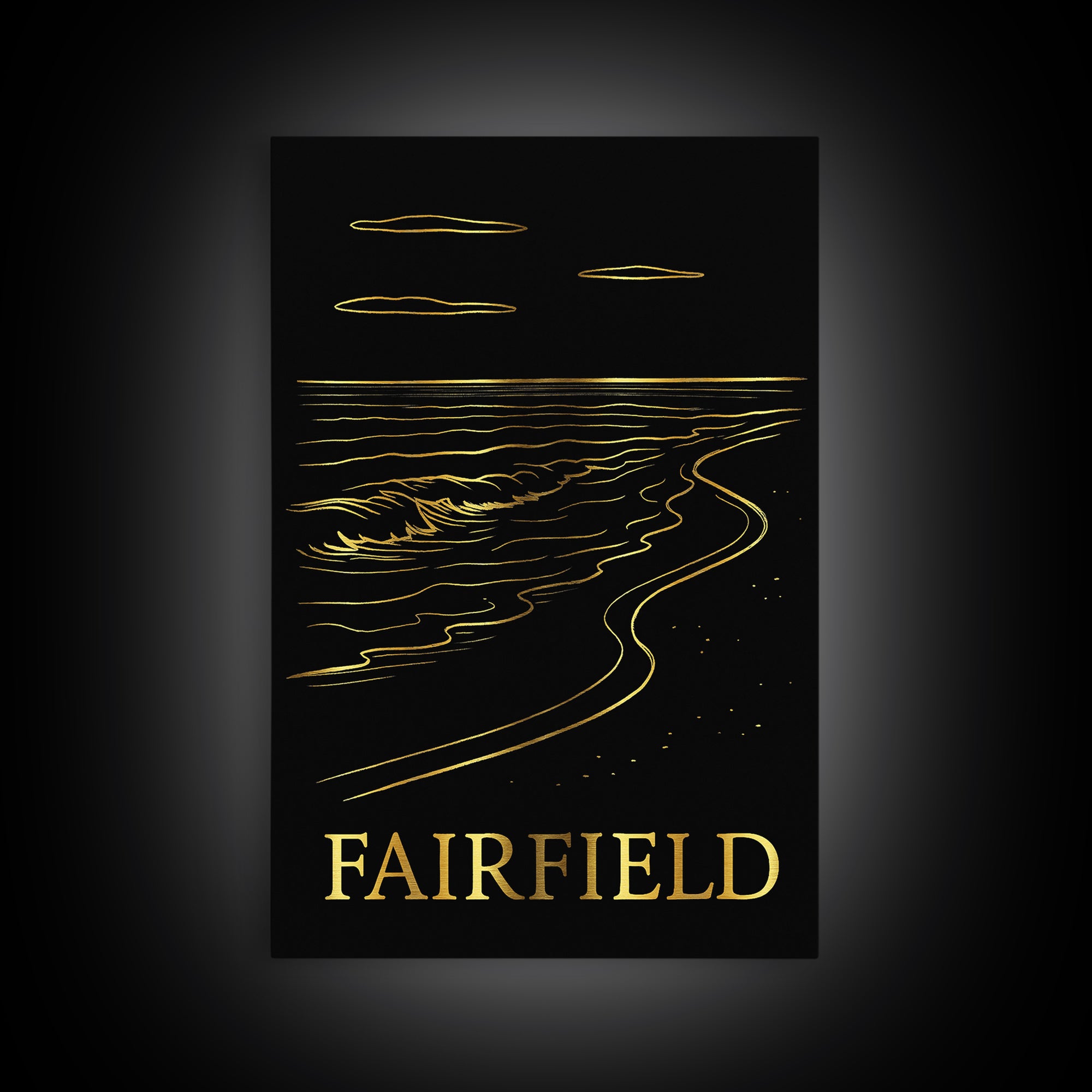 Fairfield Travel Poster, Framed Canvas Print, Black And Gold Line Art, Fairfield City Art, City Travel Prints, Watercolor Urban Skyline