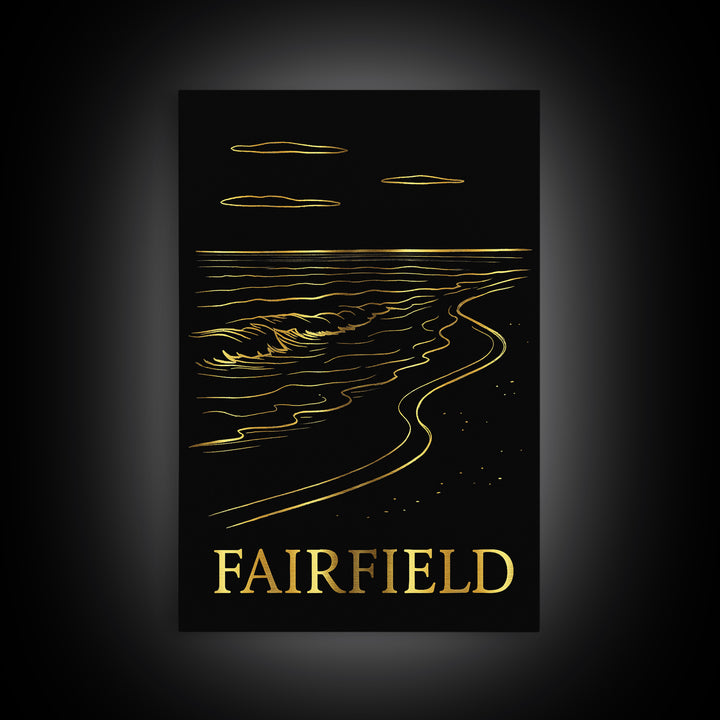 Fairfield Travel Poster, Framed Canvas Print, Black And Gold Line Art, Fairfield City Art, City Travel Prints, Watercolor Urban Skyline