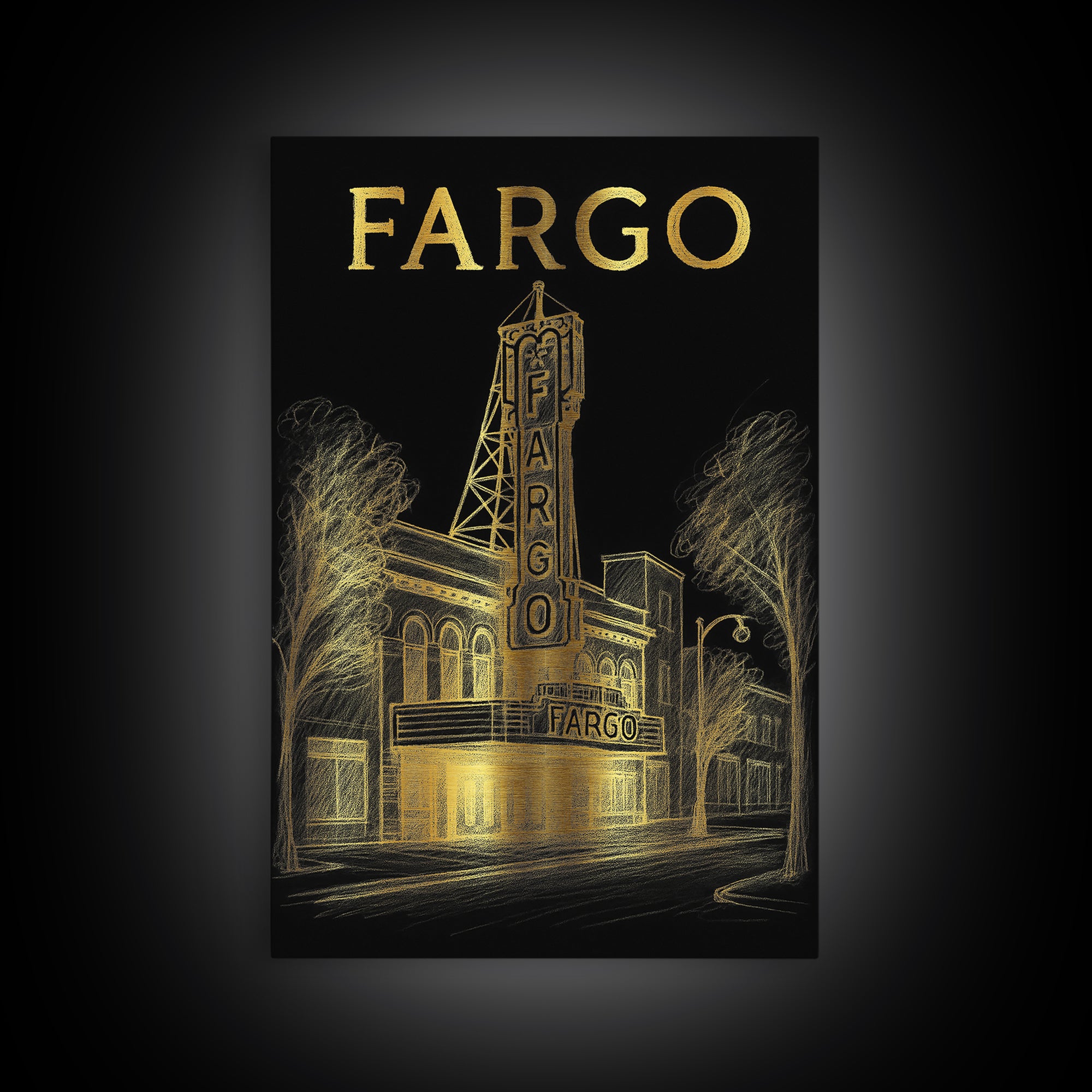 Fargo North Dakota Travel Poster, Canvas Print, Black And Gold Line Art, Fargo Wall Art, Wall Decor, Travel Poster Set, City Art Print