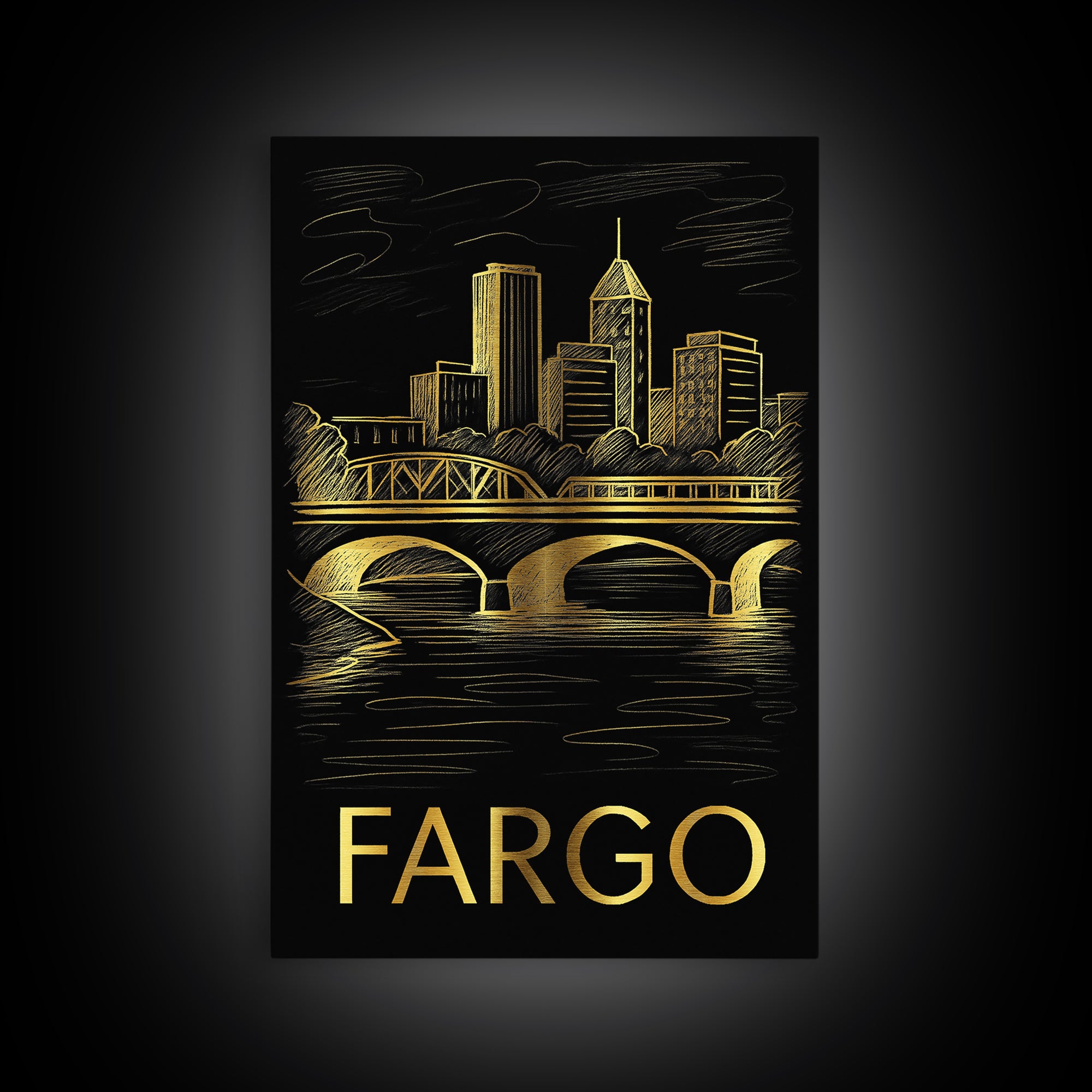 Fargo Travel Poster, Canvas Print, Elegant Gold City Art, Fargo Art Print, Travel Poster Art, Vintage Travel Print, Fine Art Print