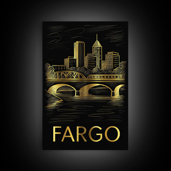 Fargo Travel Poster, Canvas Print, Elegant Gold City Art, Fargo Art Print, Travel Poster Art, Vintage Travel Print, Fine Art Print