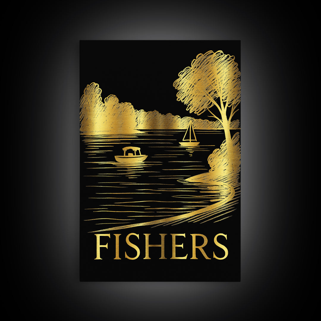 Fishers Travel Poster, Framed Canvas Print, Black And Gold Line Art, Fishers Travel Art, Vintage Travel Art, Vintage Travel Print