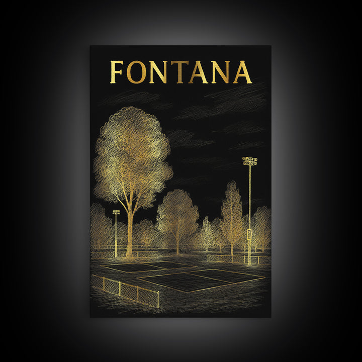 Fontana California Travel Poster, Canvas Print, Elegant Gold City Art, Fontana Poster Print, Wanderlust Decor, City Travel Prints, Design 1