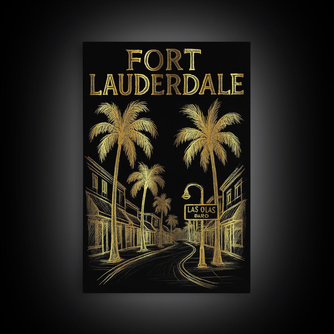 Fort Lauderdale Florida Travel Poster, Canvas Print, Elegant Gold City Art, Fort Lauderdale City Art, Travel Art Print, Watercolor Cityscape