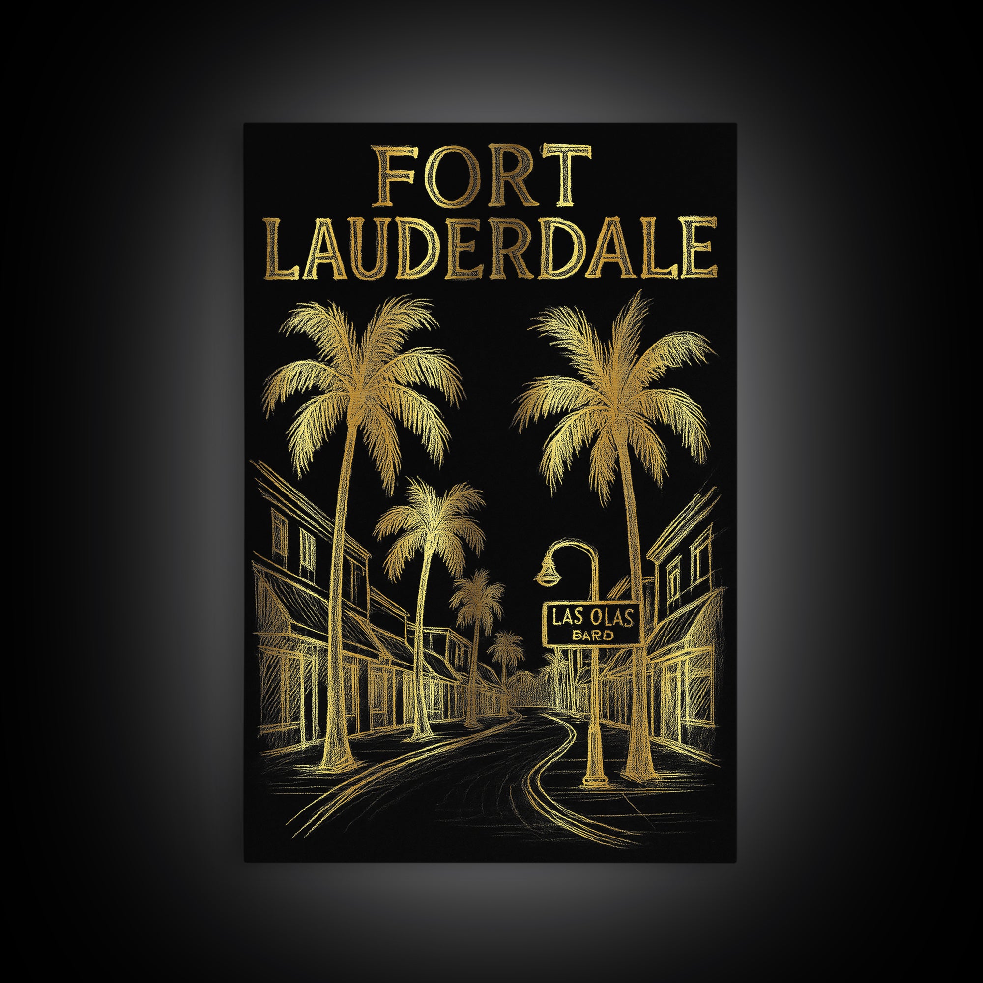 Fort Lauderdale Florida Travel Poster, Canvas Print, Elegant Gold City Art, Fort Lauderdale City Art, Travel Art Print, Watercolor Cityscape