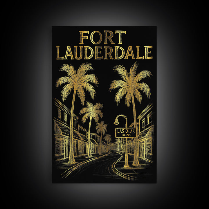 Fort Lauderdale Florida Travel Poster, Canvas Print, Elegant Gold City Art, Fort Lauderdale City Art, Travel Art Print, Watercolor Cityscape