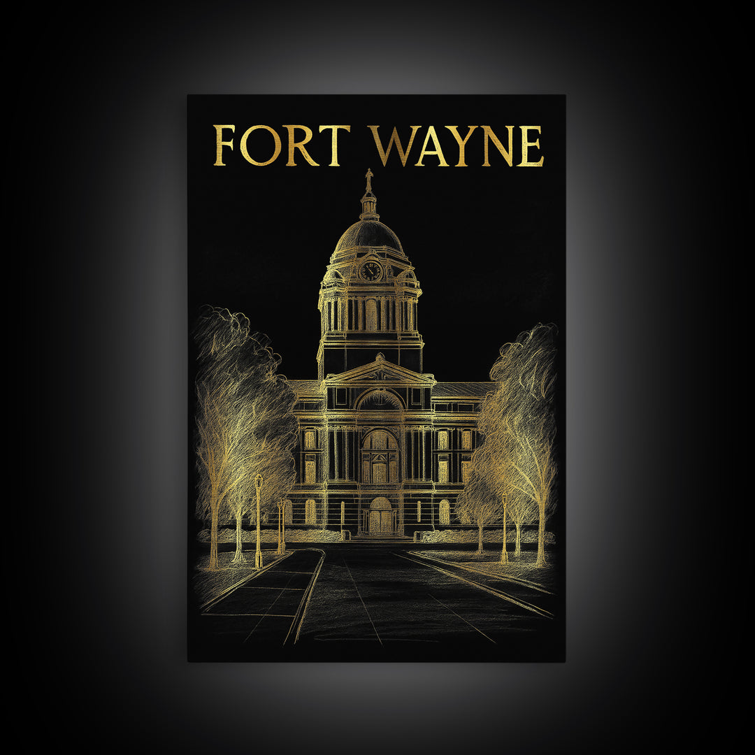 Fort Wayne Indiana Travel Poster, Canvas Print, Elegant Gold City Art, Fort Wayne Poster Print, Wanderlust Decor, Fine Art Print, Wall Decor