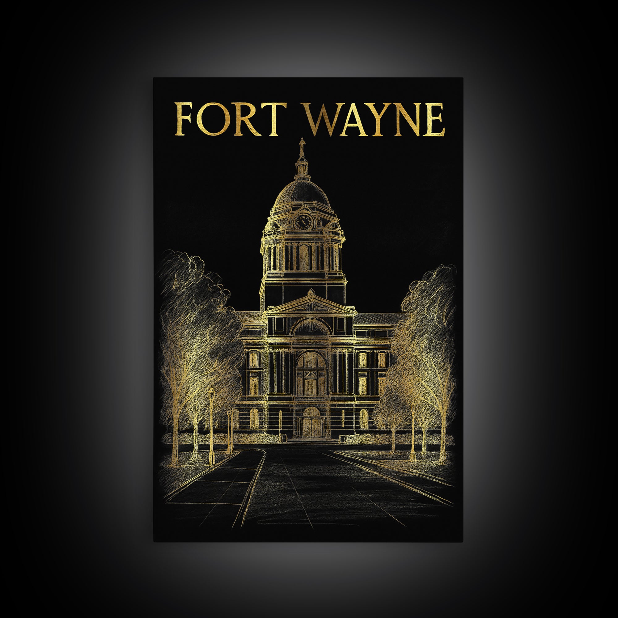 Fort Wayne Indiana Travel Poster, Canvas Print, Elegant Gold City Art, Fort Wayne Poster Print, Wanderlust Decor, Fine Art Print, Wall Decor