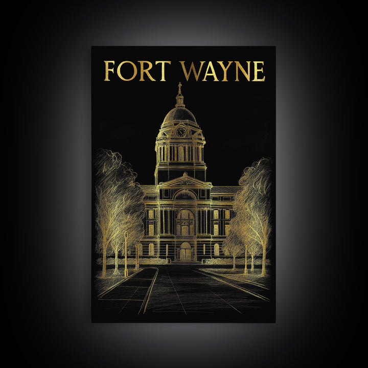 Fort Wayne Indiana Travel Poster, Canvas Print, Elegant Gold City Art, Fort Wayne Poster Print, Wanderlust Decor, Fine Art Print, Wall Decor