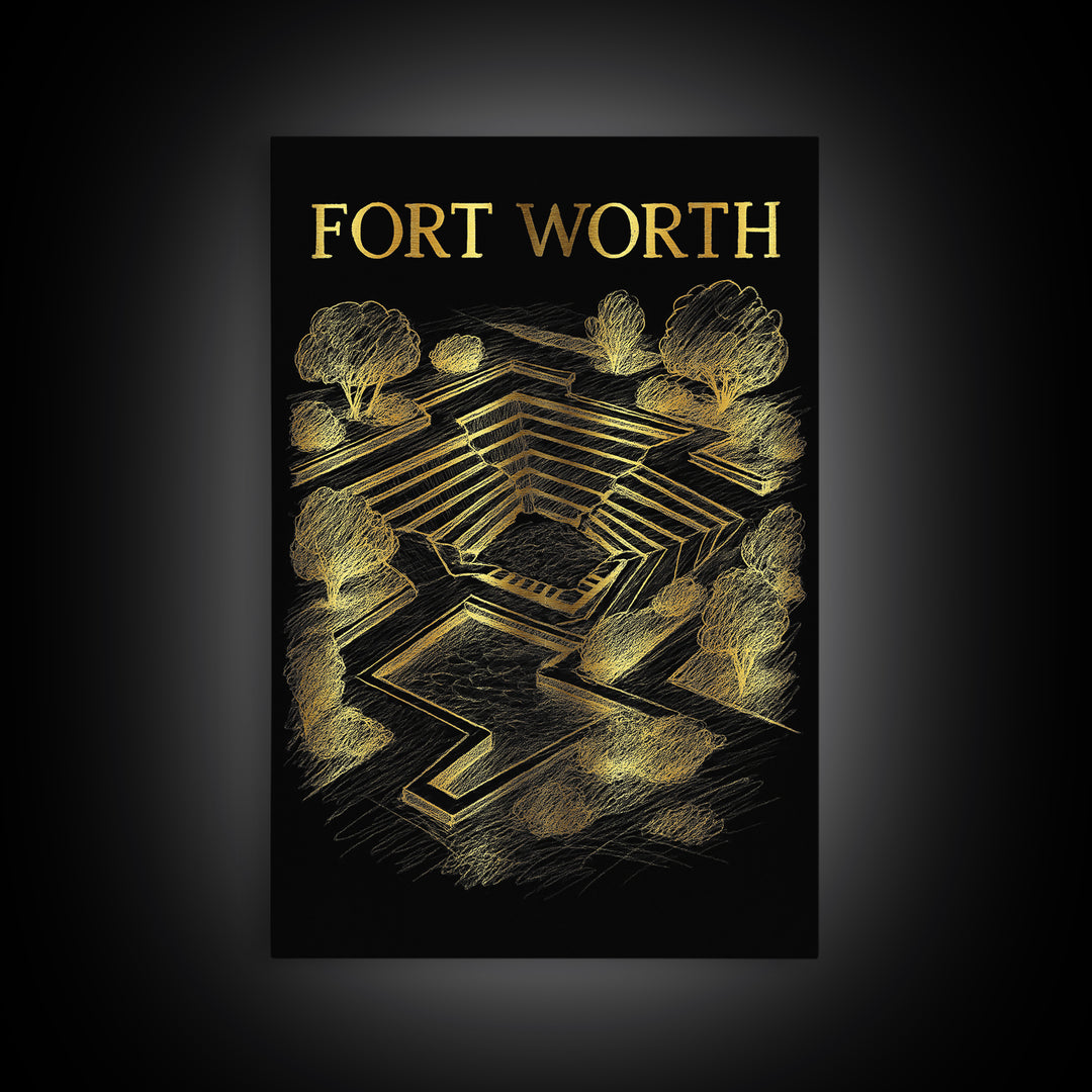 Fort Worth Texas Travel Poster, Framed Canvas Print, Gold Sketch Wall Art, Fort Worth City Art, City Illustration, Travel Wall Decor