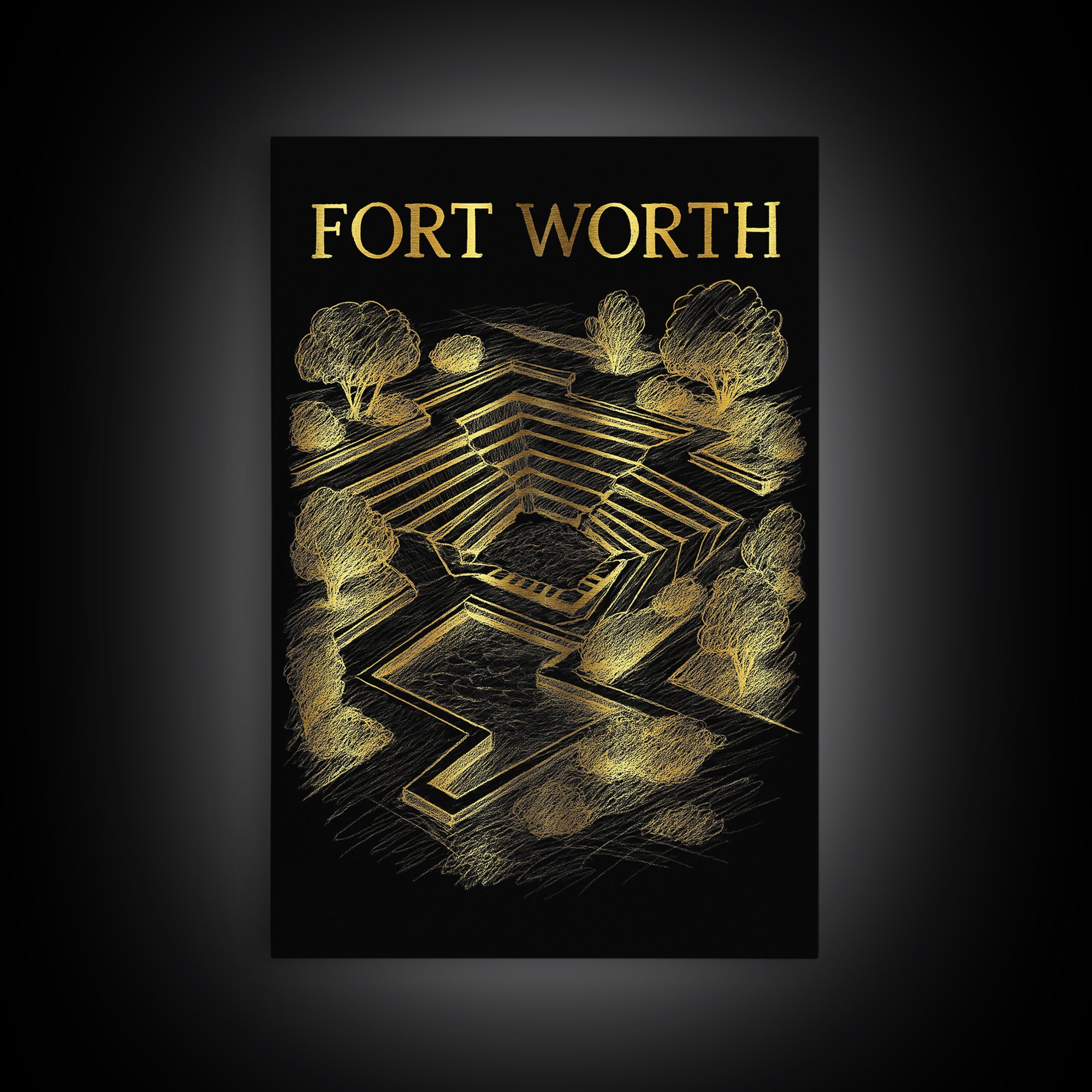 Fort Worth Texas Travel Poster, Framed Canvas Print, Gold Sketch Wall Art, Fort Worth City Art, City Illustration, Travel Wall Decor