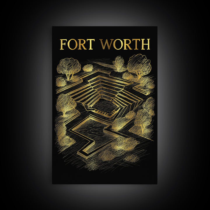 Fort Worth Texas Travel Poster, Framed Canvas Print, Gold Sketch Wall Art, Fort Worth City Art, City Illustration, Travel Wall Decor