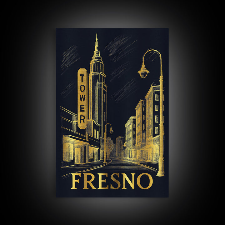 Fresno Travel Poster, Framed Canvas Print, Dark Background Poster Art, Fresno Wall Art, City Illustration, Vintage Travel Art, Design 2