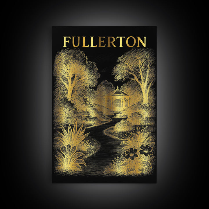 Fullerton California Travel Poster, Framed Canvas Print, Gold Sketch Wall Art, Fullerton Art Print, Home Office Decor, Retro Travel Print