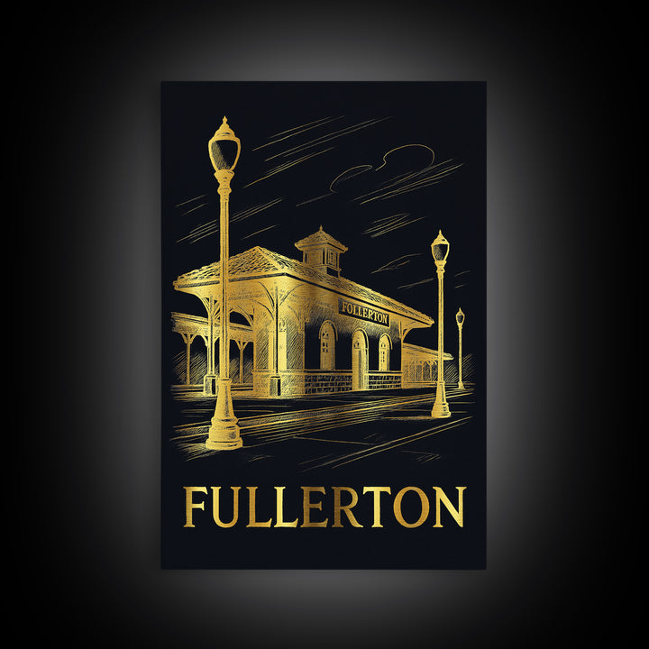 Fullerton Travel Poster, Framed Canvas Print, Black And Gold Line Art, Fullerton City Art, City Travel Prints, Retro Travel Print