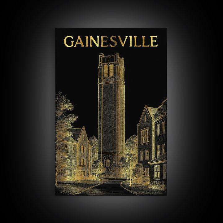 Gainesville Florida Travel Poster, Framed Canvas Print, Black And Gold Line Art, Gainesville Wall Art, Watercolor Skyline, City Art Print