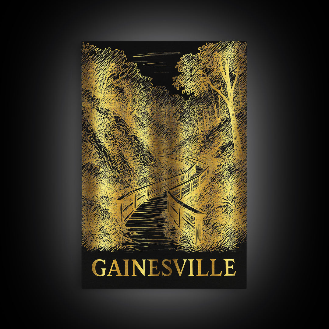 Gainesville Travel Poster, Framed Canvas Print, Gold Sketch Wall Art, Gainesville Poster Print, Living Room Wall Art, Eclectic Wall Decor