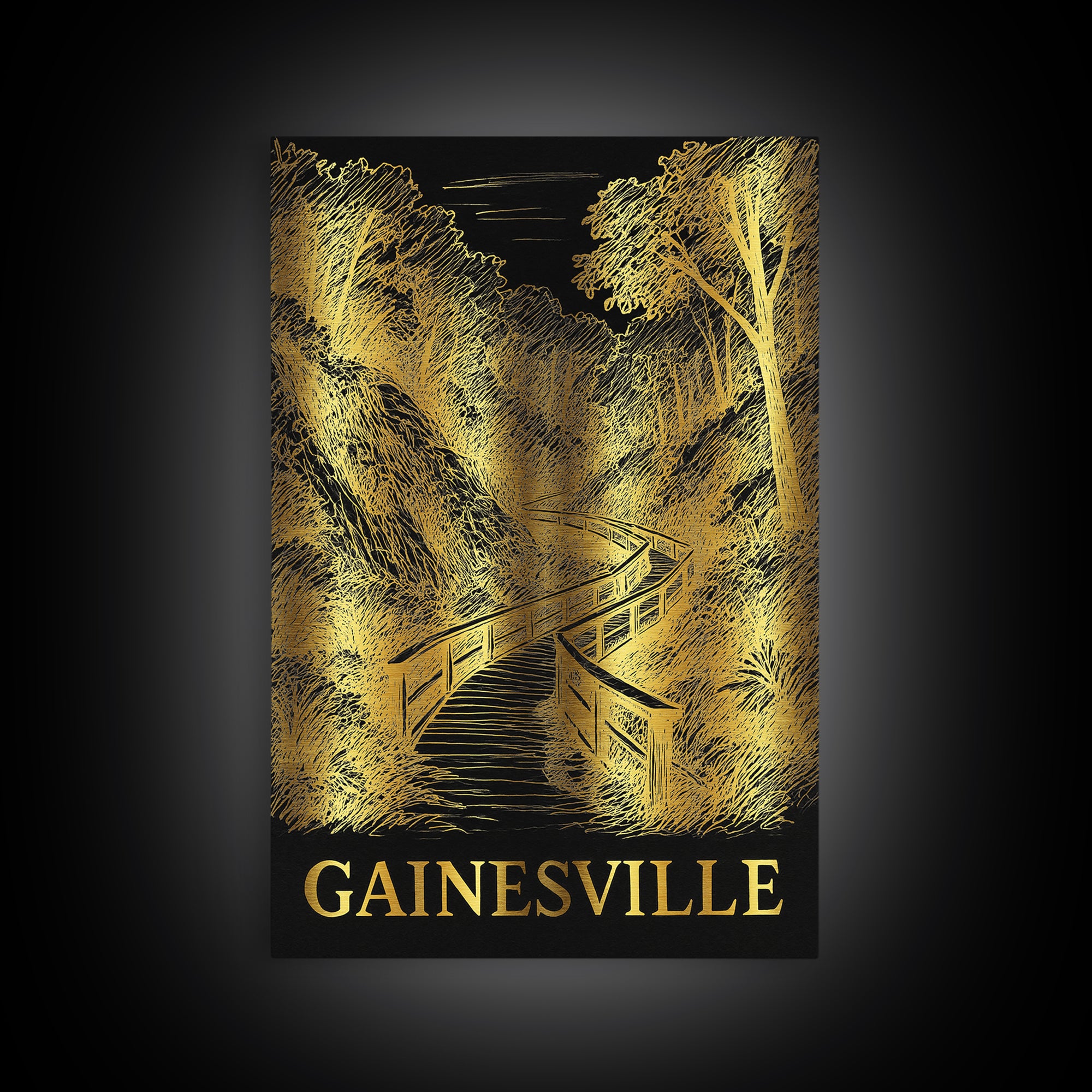 Gainesville Travel Poster, Framed Canvas Print, Gold Sketch Wall Art, Gainesville Poster Print, Living Room Wall Art, Eclectic Wall Decor