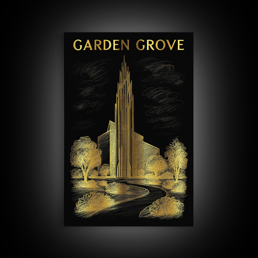 Garden Grove California Travel Poster, Canvas Print, Black And Gold Line Art, Garden Grove Art Print, Travel Art Print, City Travel Prints