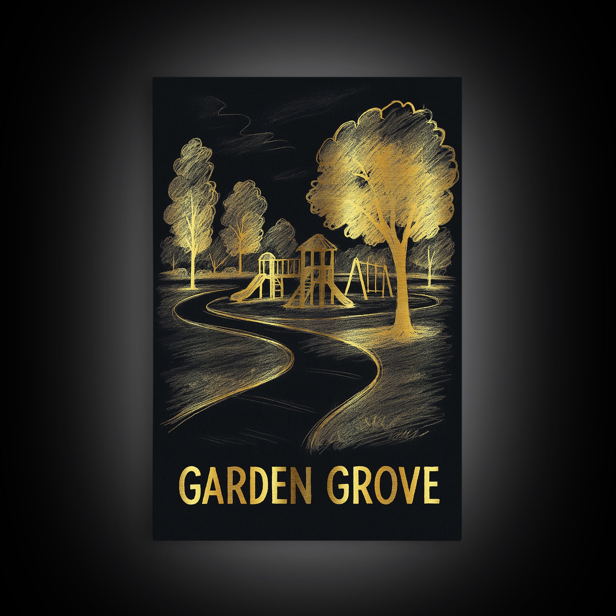 Garden Grove Travel Poster, Framed Canvas Print, Gold Sketch Wall Art, Garden Grove Poster Print, Mid Century Wall Art, Vintage City Art