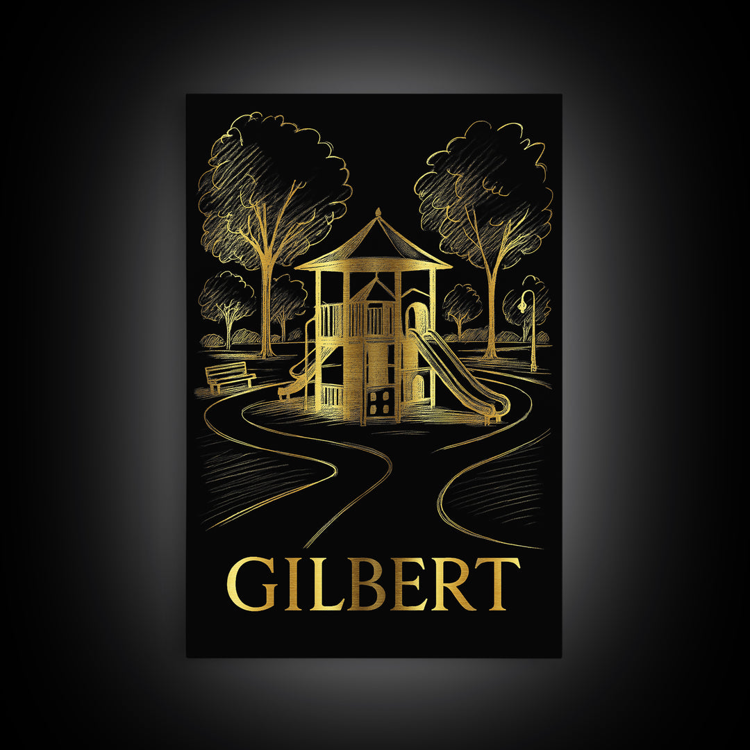 Gilbert Travel Poster, Framed Canvas Print, Gold Sketch Wall Art, Gilbert City Art, Travel Art Print, Eclectic Wall Decor, Fine Art Print