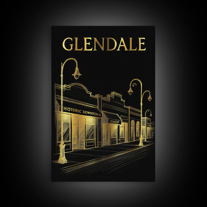 Glendale Travel Poster, Canvas Print, Black And Gold Line Art, Glendale Poster Print, Vintage City Poster, Travel Poster Art, Wall Art