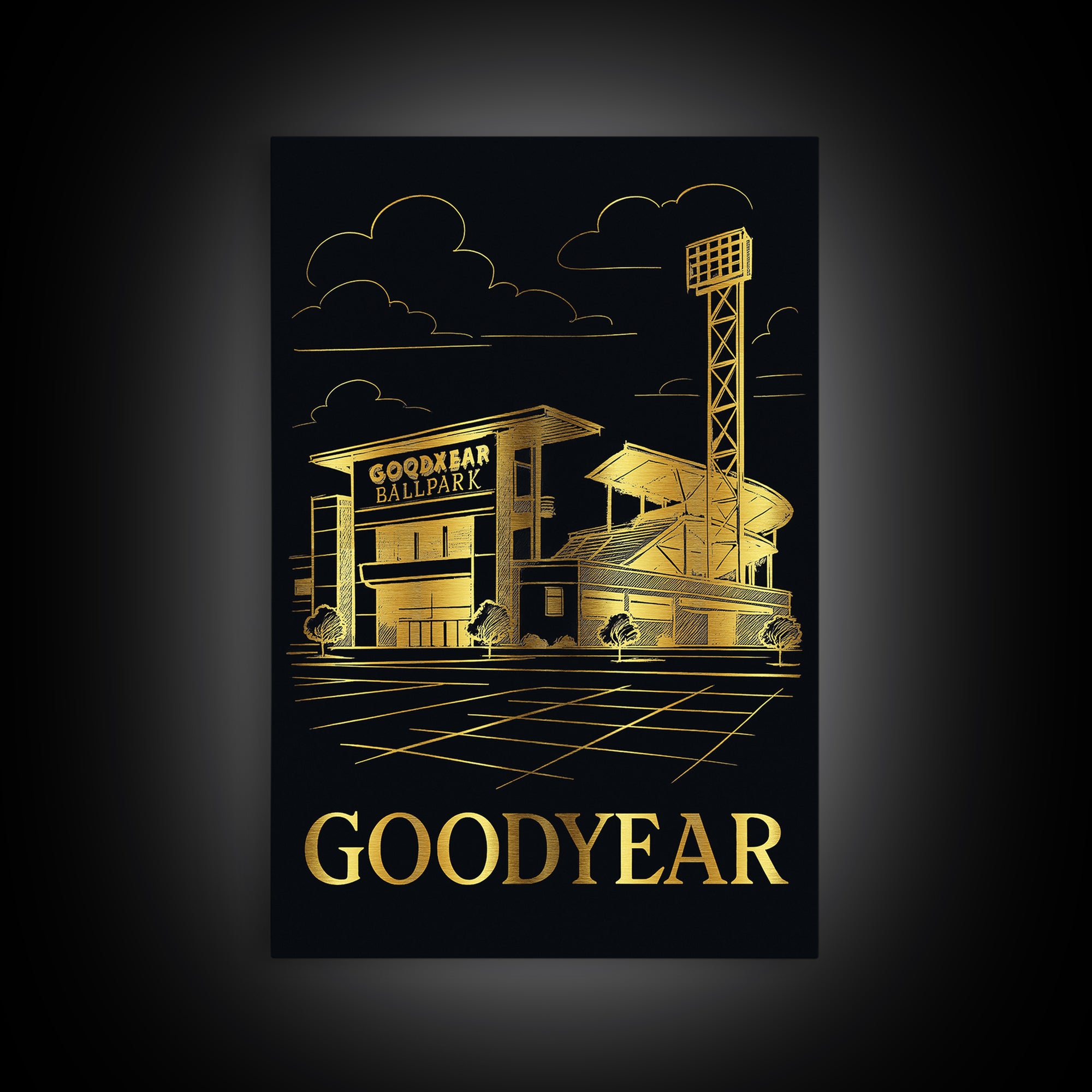 Goodyear Travel Poster, Framed Canvas Print, Gold Sketch Wall Art, Goodyear Travel Art, Eclectic Wall Decor, Living Room Wall Art