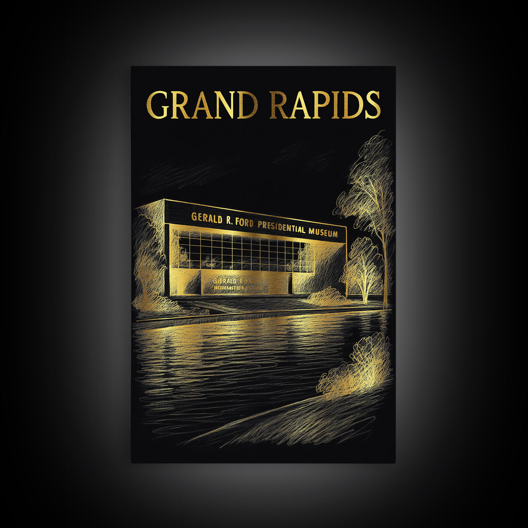 Grand Rapids Michigan Travel Poster, Canvas Print, Elegant Gold City Art, Grand Rapids Travel Art, Vintage City Art, Vintage City Poster