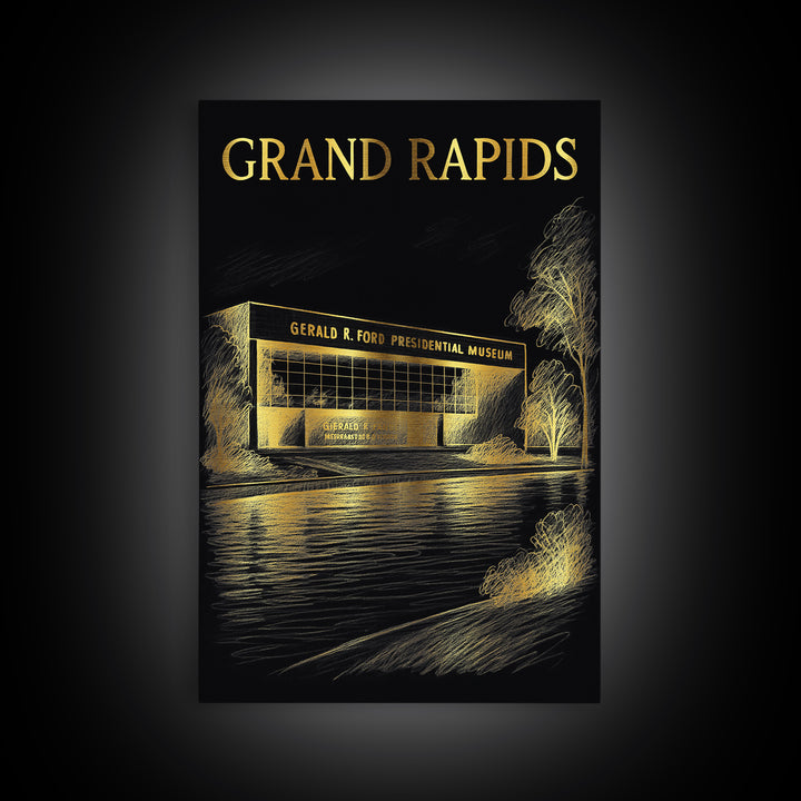 Grand Rapids Michigan Travel Poster, Canvas Print, Elegant Gold City Art, Grand Rapids Travel Art, Vintage City Art, Vintage City Poster