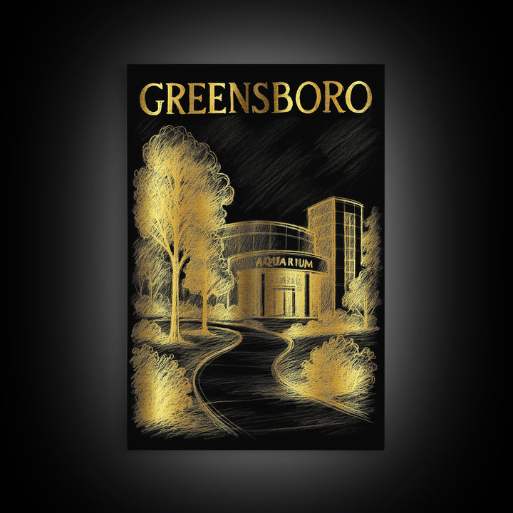 Greensboro North Carolina Travel Poster, Canvas Print, Black And Gold Line Art, Greensboro Travel Art, City Poster, Gift For Travelers
