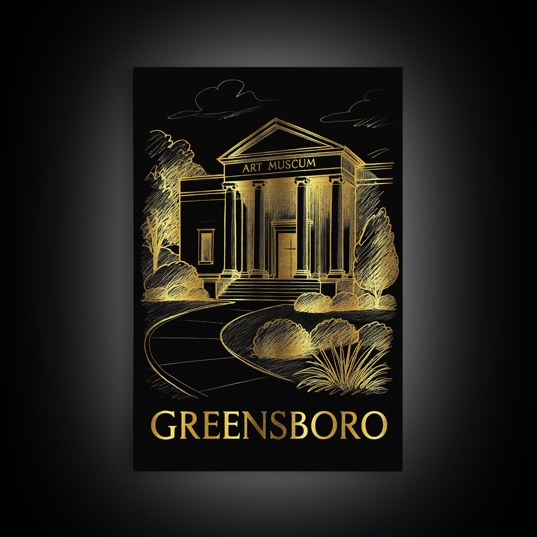 Greensboro Travel Poster, Framed Canvas Print, Black And Gold Line Art, Greensboro Poster Print, Travel Poster Set, Retro Travel Print