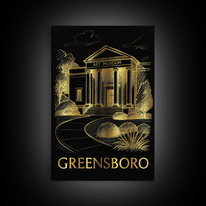 Greensboro Travel Poster, Framed Canvas Print, Black And Gold Line Art, Greensboro Poster Print, Travel Poster Set, Retro Travel Print